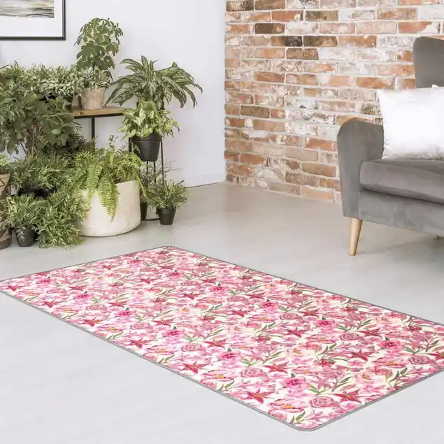 Pinke Blumen mit Schmetterlingen Teppich Sale