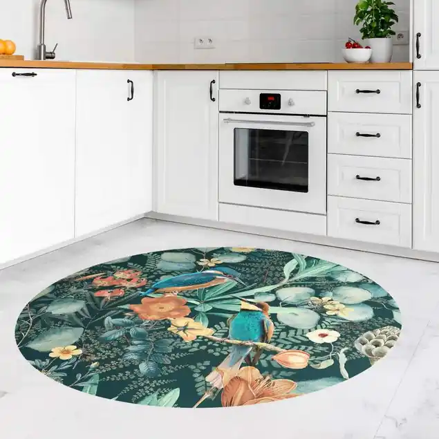 Sonderangebot Blumenparadies Eisvogel und Kolibri Runder Vinyl-Teppich