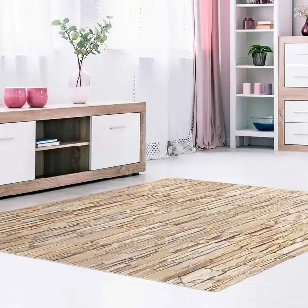 Highlight Asian Stonewall - Große helle Steinmauer aus wohnlichen Steinen Vinylteppich