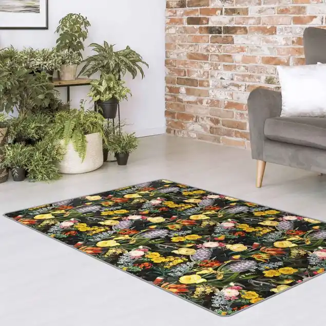 Solange Der Vorrat Reicht Blumen mit Tropischen Vögeln Bunt Teppich