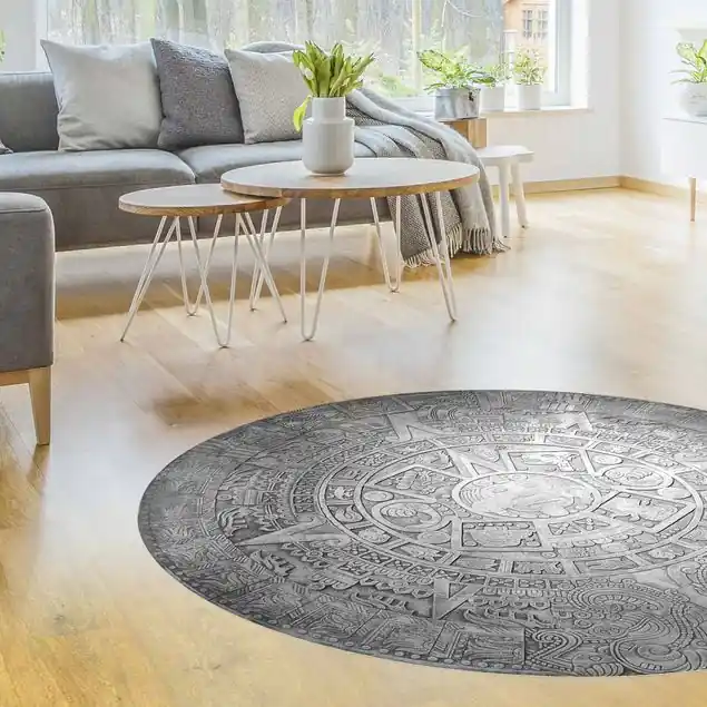 Abverkauf Azteken Ornamentik im Kreis Schwarz-Weiß                               Runder Vinyl-Teppich