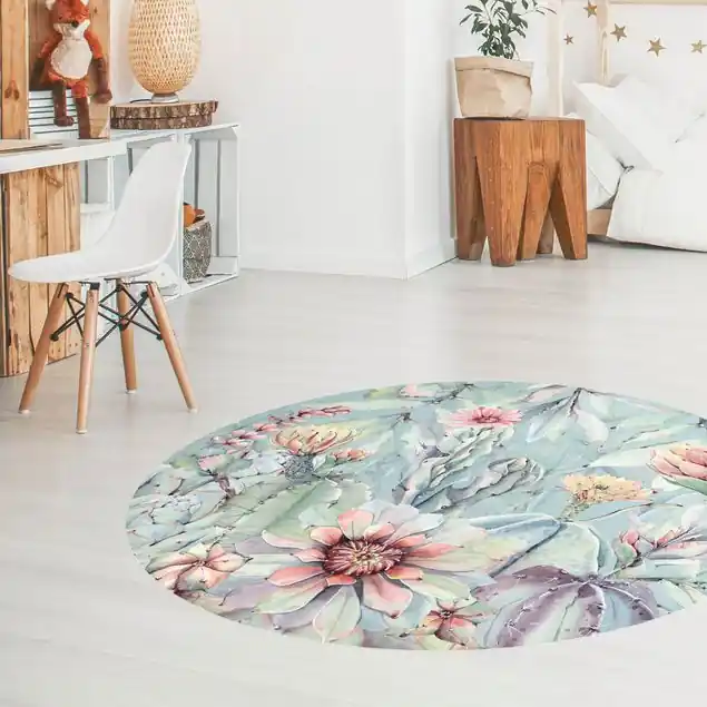 Aquarell Blühende Kakteen Bouquet Runder Vinyl-Teppich Preiswert
