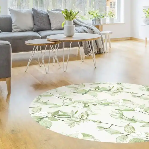 Echt Romantisches Blütenaquarell Natur Grün Runder Vinyl-Teppich