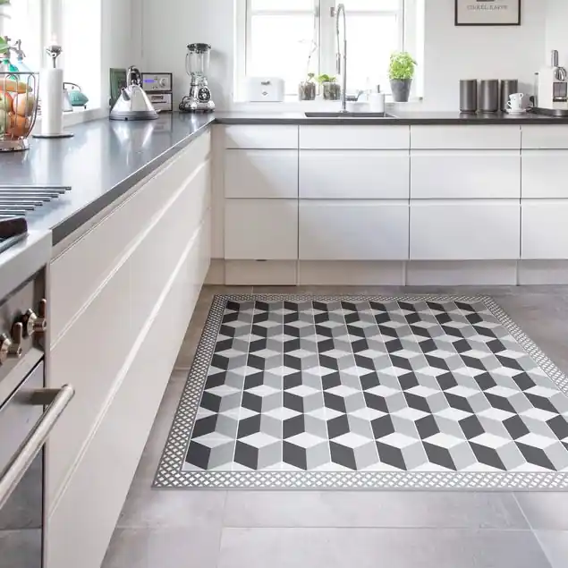 Letzte Chance Geometrische Fliesen Stufenillusion in Grau mit Bordüre Vinylteppich