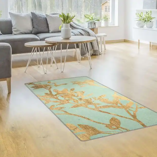 Goldene Blätter auf Turquoise II Teppich Kostenfreie Lieferung