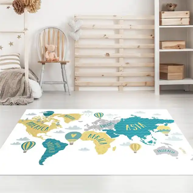 World Map with Hot-Air Balloon Vinylteppich Finale Aktion