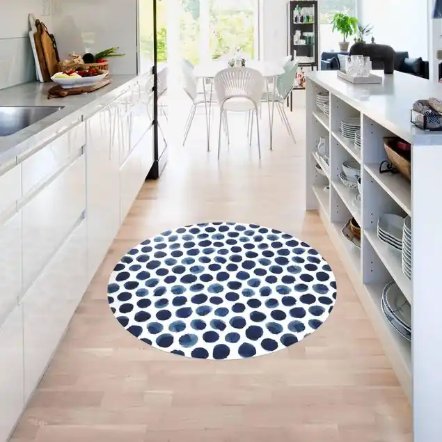 Große Aquarell Polkadots in Indigo Runder Vinyl-Teppich Begrenztes Angebot
