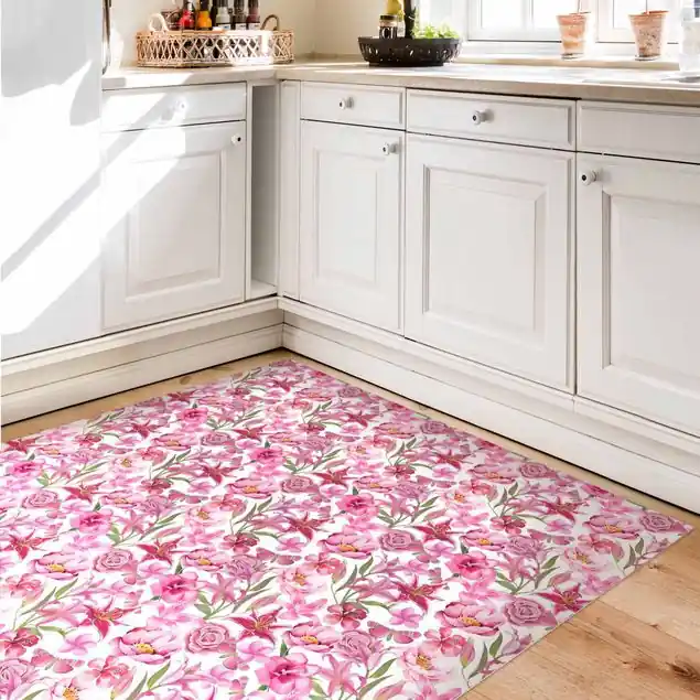 Pinke Blumen mit Schmetterlingen Vinylteppich Knallerangebot