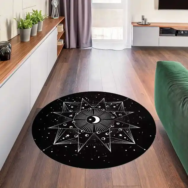 Meistverkauft Astrologie Mond Magie Schwarz Runder Vinyl-Teppich