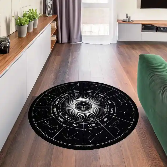 Astrologie Sternzeichen im Sonnenkreis Schwarz Runder Vinyl-Teppich Highlight