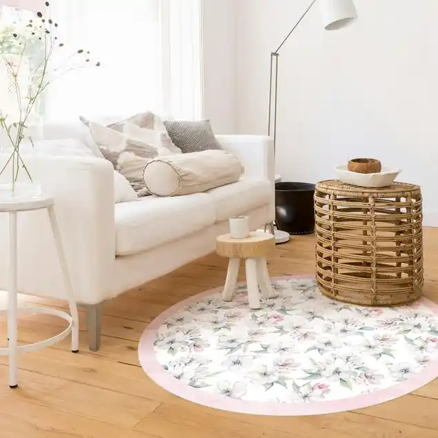 Aquarell Apfelblüten und Knospen mit Rahmen Runder Vinyl-Teppich Knallerangebot