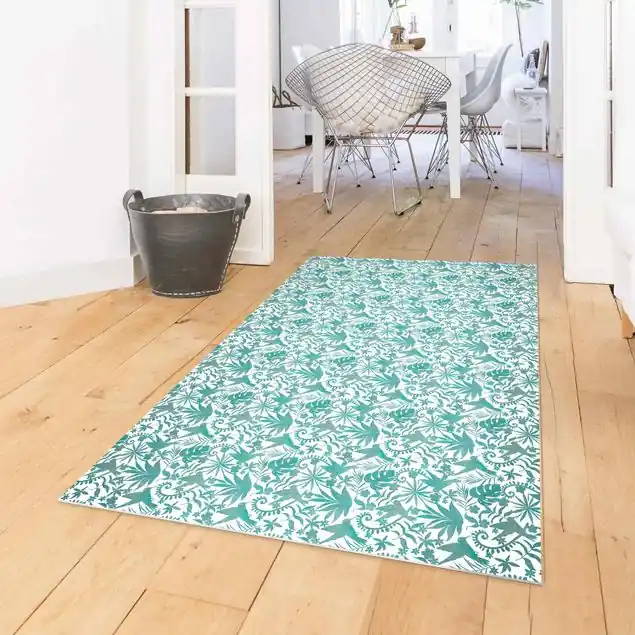 Begrenztes Angebot Aquarell Kolibri und Pflanzen Silhouetten Muster in Türkis Vinylteppich