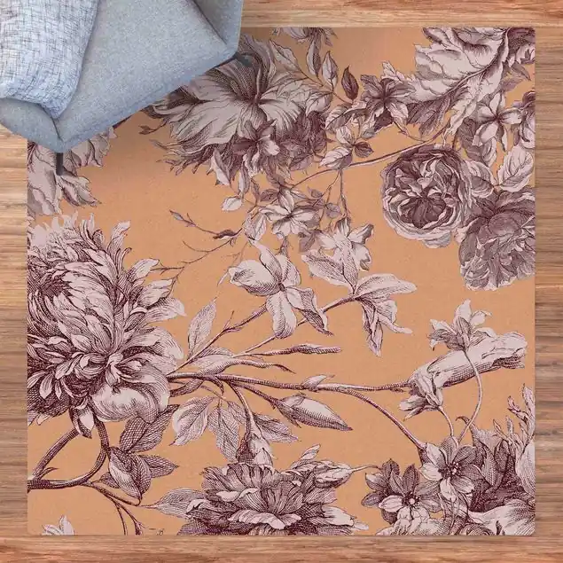 Super-Preis Floraler Kupferstich Geflecht Altrot Kork-Teppich