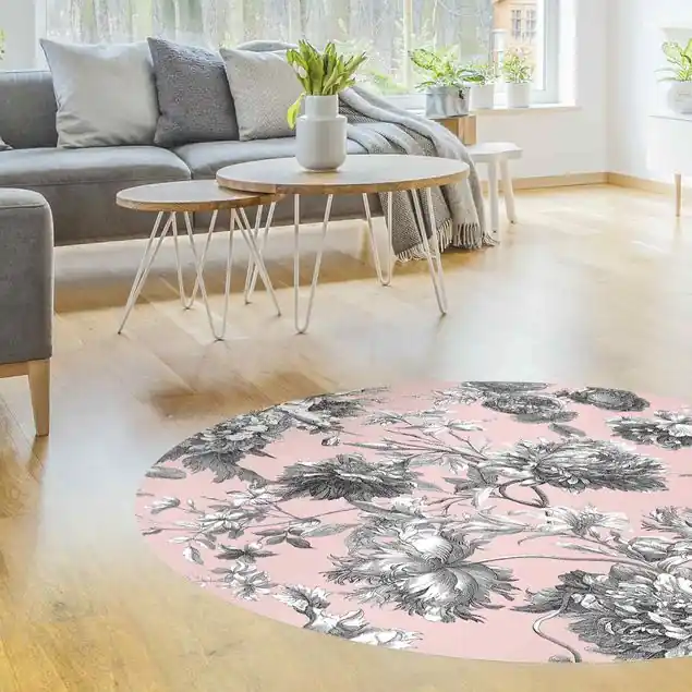 Geprüft Floraler Kupferstich Graurosa Runder Vinyl-Teppich