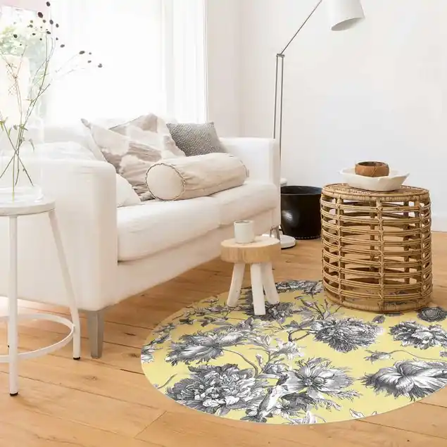 Wochenendangebot Floraler Kupferstich Graugelb Runder Vinyl-Teppich