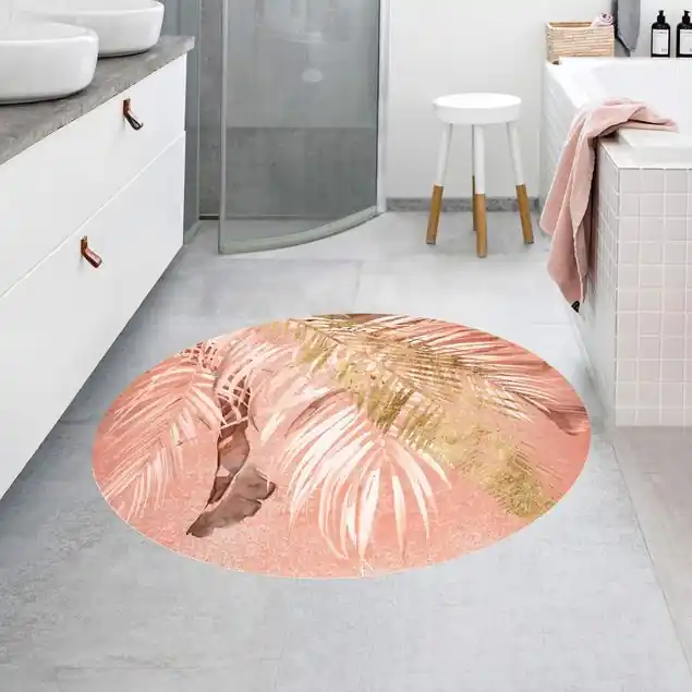 Kostenloser Versand Palmenblätter Rosa und Gold II Runder Vinyl-Teppich