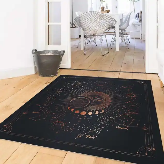 Astrologie Sonne Mond und Sterne Blau Gold Vinylteppich Schnäppchen
