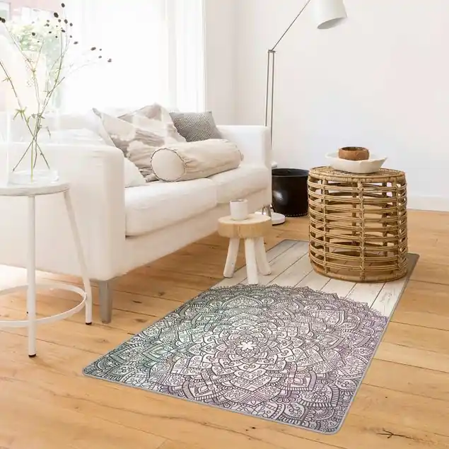 Finale Aktion Mandala Lotusblüte Holzoptik weiß Teppich