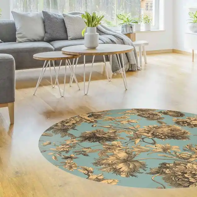 Floraler Kupferstich Goldblau Runder Vinyl-Teppich Top-Preis