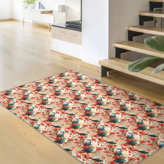 Blaue Singvögel zwischen Kirschblüten Teppich Top-Seller