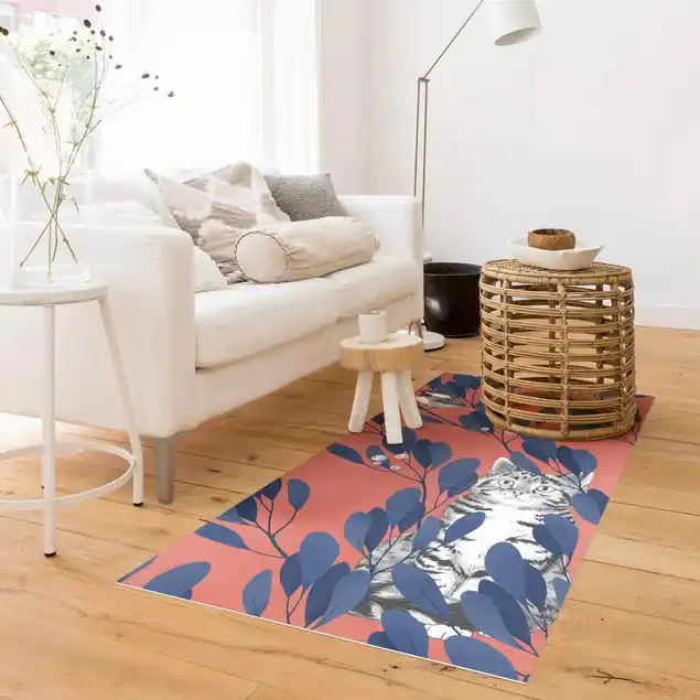 Finale Aktion Illustration Katze und Vogel auf Ast Blau Rot Vinylteppich
