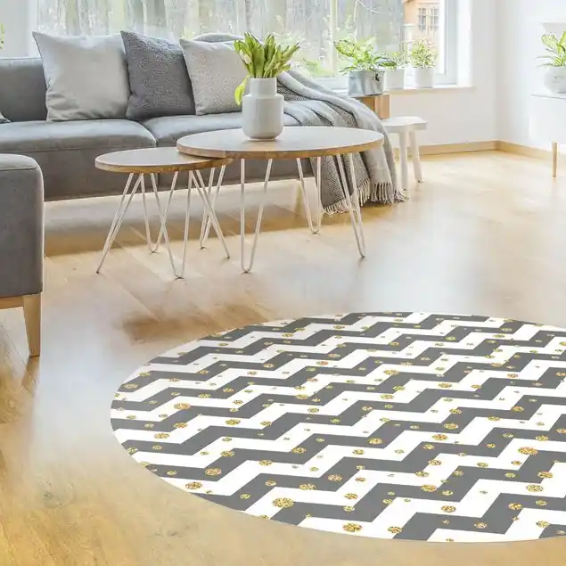 Zackige Streifen mit goldenen Punkten                               Runder Vinyl-Teppich Kostenfreie Lieferung