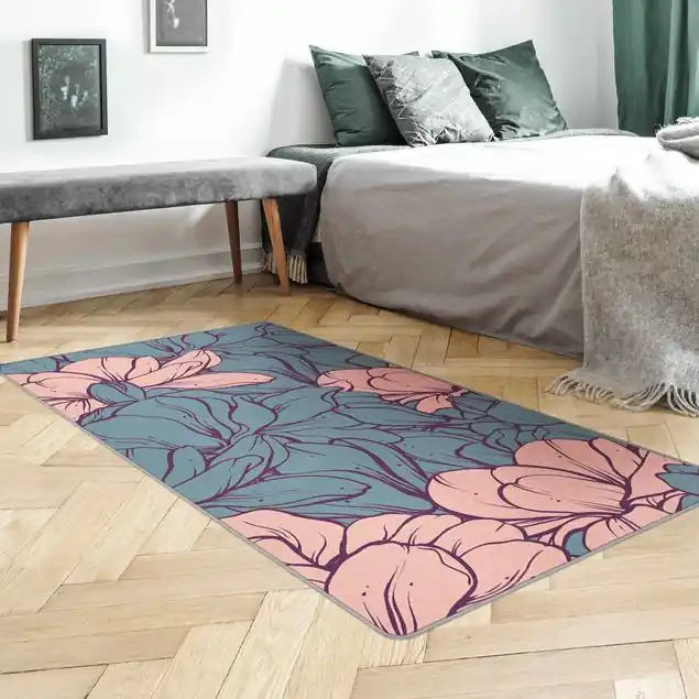 Saisonangebot Magnolien Blütenmeer Altrosa und Petrol Teppich