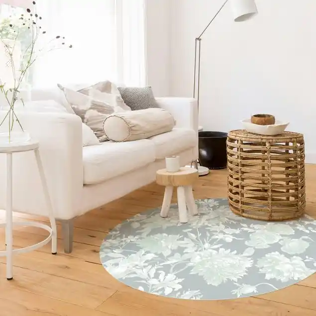 Floraler Kupferstich Mintgrau Runder Vinyl-Teppich Sichere Zahlung