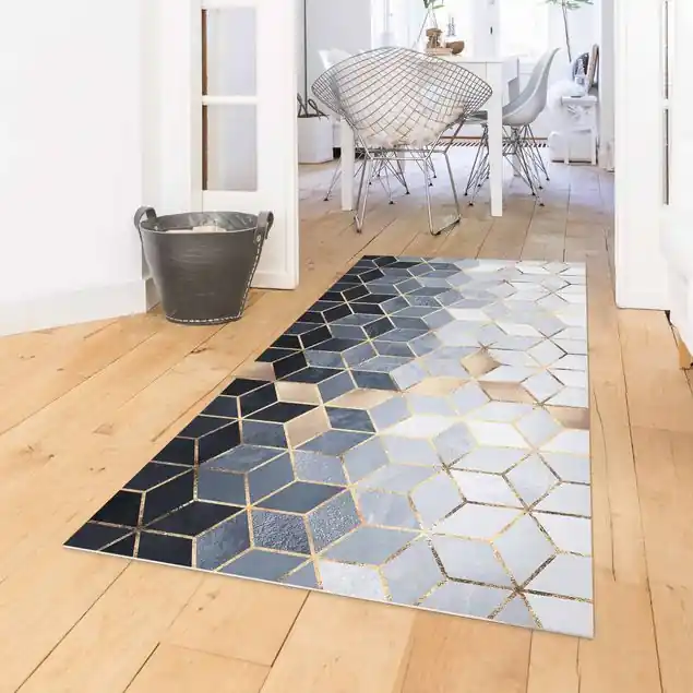 Echt Blau Weiß goldene Geometrie Vinylteppich