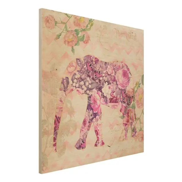Finale Aktion Vintage Collage - Rosa Blüten Elefant Holzbild