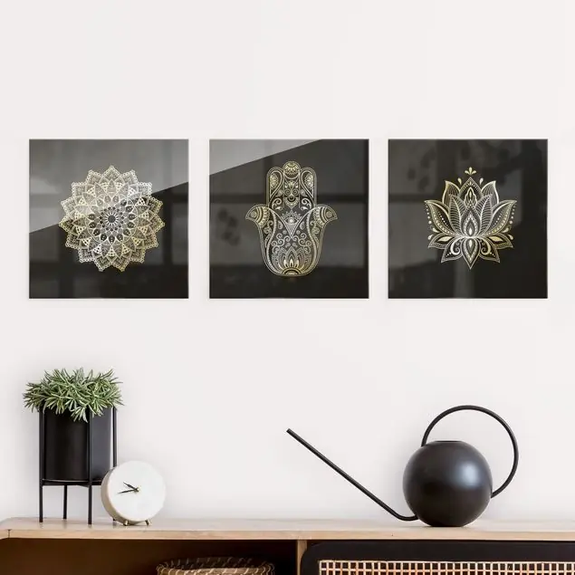 Mandala Hamsa Hand Lotus Set auf Schwarz 3-teiliges Glasbild Sofort Bestellen