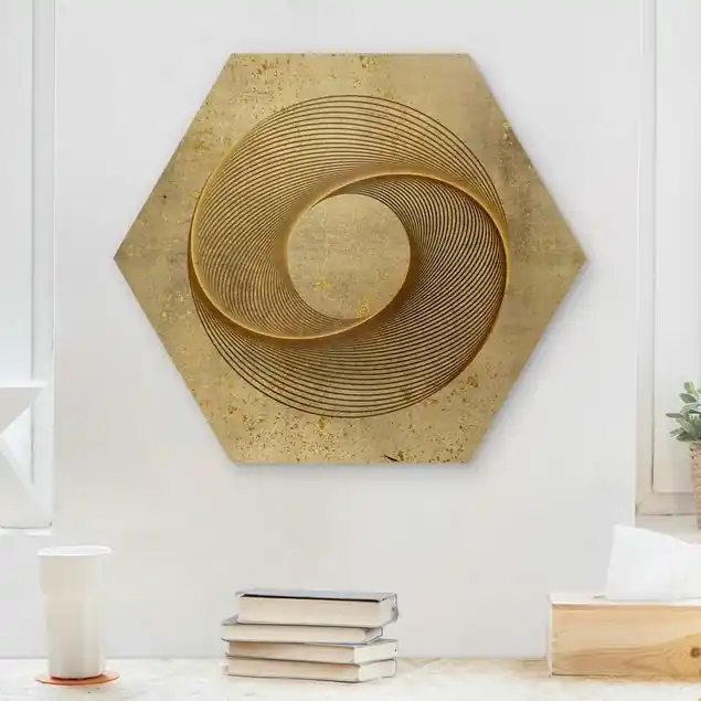 Sonderaktion Line Art Kreisspirale Gold Hexagon-Holzbild