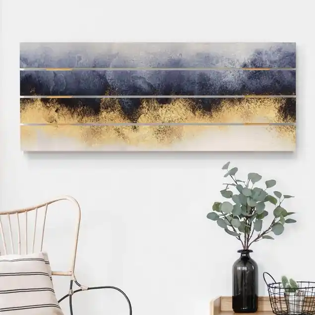 Wolkenhimmel mit Gold Holzbild Plankenoptik - Panorama Heißes Angebot