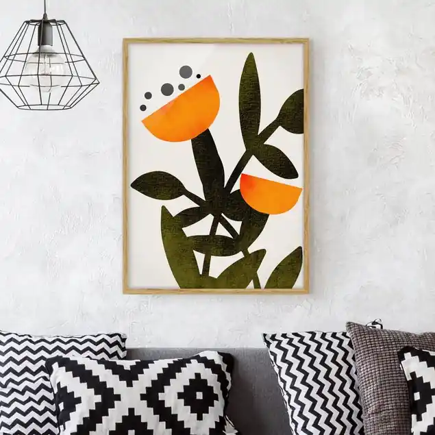 Blüten in Orange Bild mit Rahmen in Manufakturqualität • Eiche naturbelassen • inkl. Rahmung von Hand • Made in Germany Super-Preis