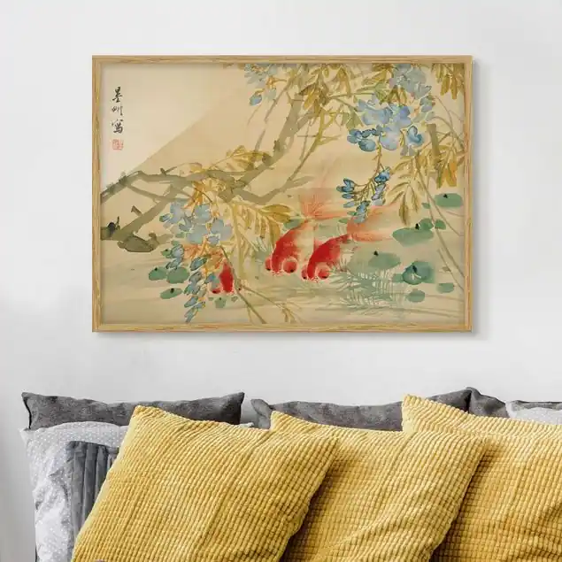 Ni Tian - Goldfische Bild mit Rahmen in Manufakturqualität • Eiche naturbelassen • inkl. Rahmung von Hand • Made in Germany Schnäppchen