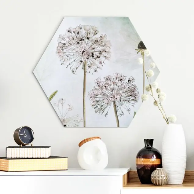 Highlight Lauchblüten in Pastell Hexagon-Alu-Dibond Bild