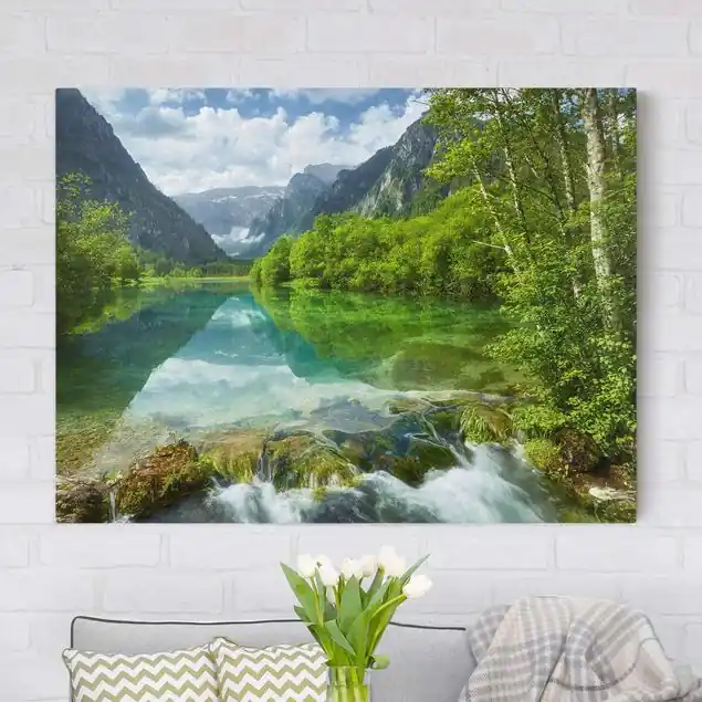 Preis Gesenkt Bergsee mit Spiegelung Leinwandbild • hergestellt in Deutschland • langlebiges Canvas mit Holzkeilrahmen • klassische Struktur