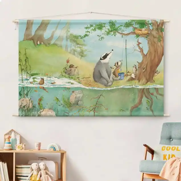 Wassili Waschbär - Ein Fahrstuhl für Elsa Wandteppich • Handarbeit aus Deutschland • inkl. Rundhölzer & Baumwollseil • lösemittelfrei • natürliche Raumwirkung Schneller Versand