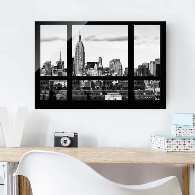 Fensterblick New York Skyline schwarz weiss Glasbild - Querformat Garantierte Lieferung
