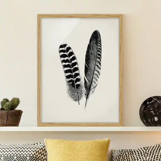 Zwei Federn - Zeichnung                               Bild mit Rahmen in Manufakturqualität • Eiche naturbelassen  • inkl. Rahmung von Hand • Made in Germany Kracherpreis