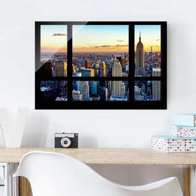 Top-Seller Fensterausblick - Sonnenaufgang New York Glasbild - Querformat