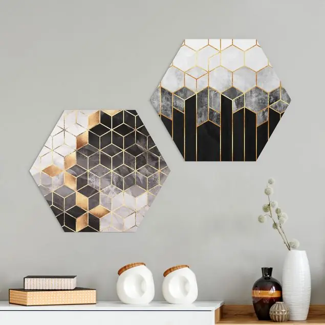 Top-Preis Goldene Geometrie Aquarell Set 2-teiliges Hexagon-Alu-Dibond Bild