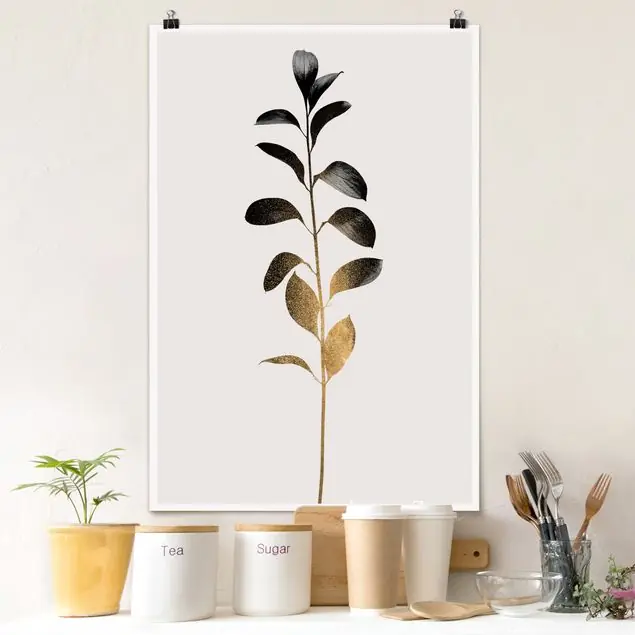 Grafische Pflanzenwelt - Gold und Grau Poster Jetzt Kaufen