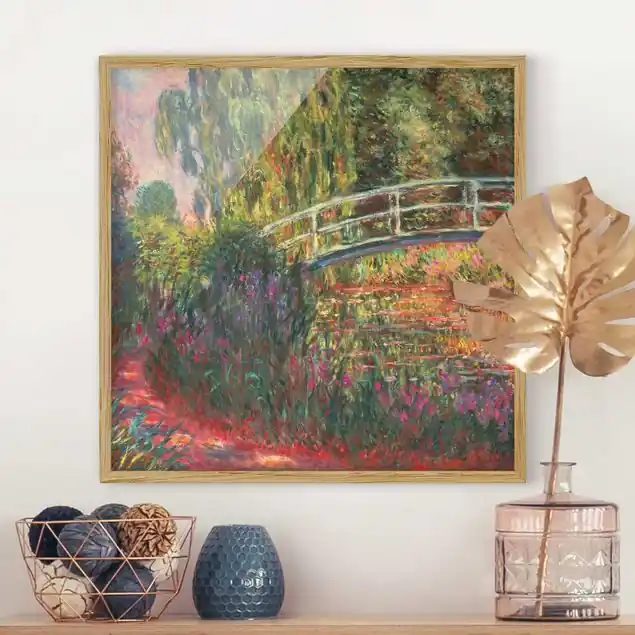 Claude Monet - Japanische Brücke im Garten von Giverny Bild mit Rahmen in Manufakturqualität • Eiche naturbelassen • inkl. Rahmung von Hand • Made in Germany Jetzt Kaufen