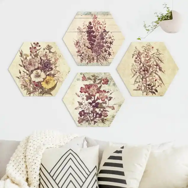 Kostenloser Versand Vintage Blumen Sammlung 4-teiliges Hexagon-Alu-Dibond Bild