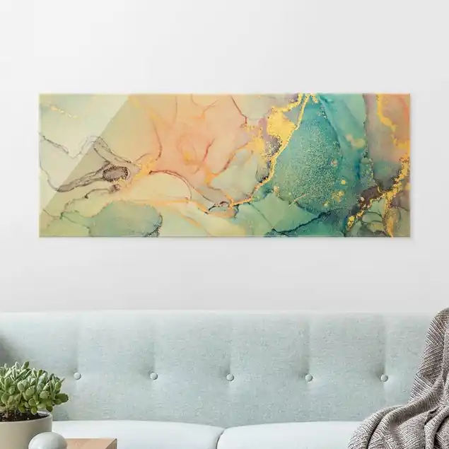 Aquarell Pastell Bunt mit Gold Glasbild Solange Der Vorrat Reicht