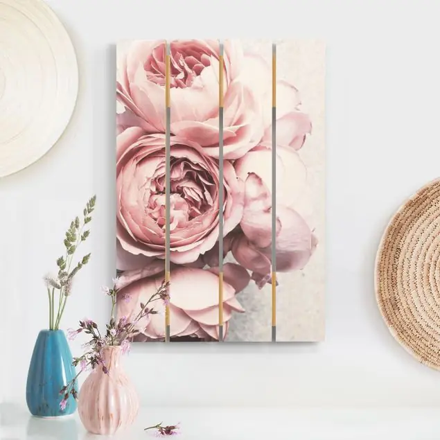 Top-Seller Rosa Pfingstrosenblüten Shabby Pastell Holzbild Plankenoptik - Hochformat