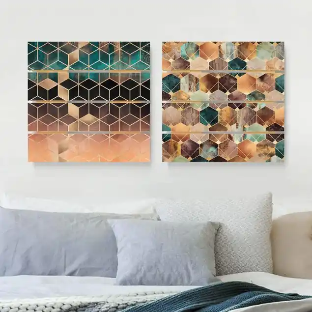 Türkise Geometrie goldenes Art Deco Set 2-teiliges Holzbild Plankenoptik - Quadrat Preisreduziert