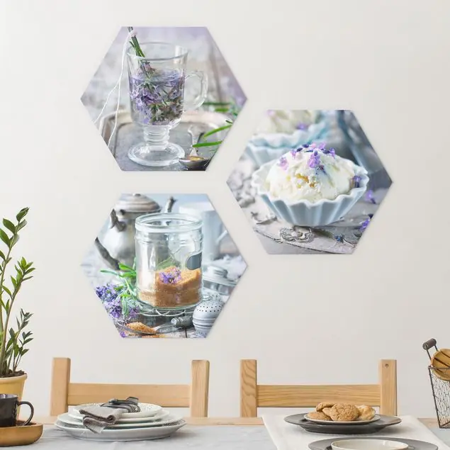 Lavendel Set Vintage 3-teiliges Hexagon-Alu-Dibond Bild Knallerangebot