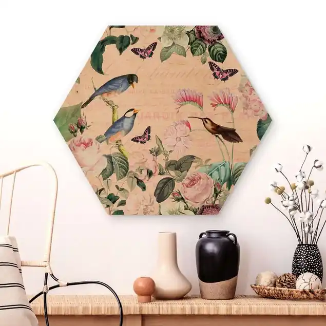 Bestseller Vintage Collage - Rosen und Vögel Hexagon-Holzbild